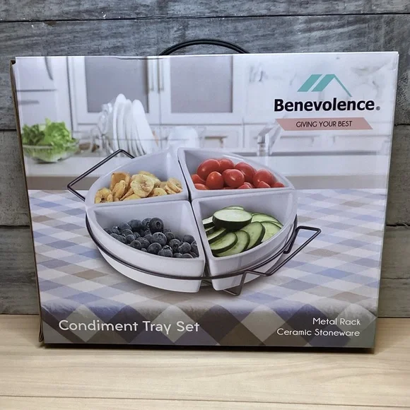 Benevolence 4-Tray Condiment Set, White Ceramic Stoneware with Metal Rack NIB - Picture 3 of 6
